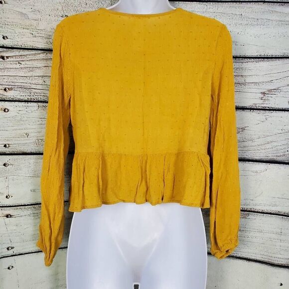 Sadie & Sage Mustard Yellow Peplum Blouse Medium Long Sleeve Textured Dobby Boho - Picture 3 of 6